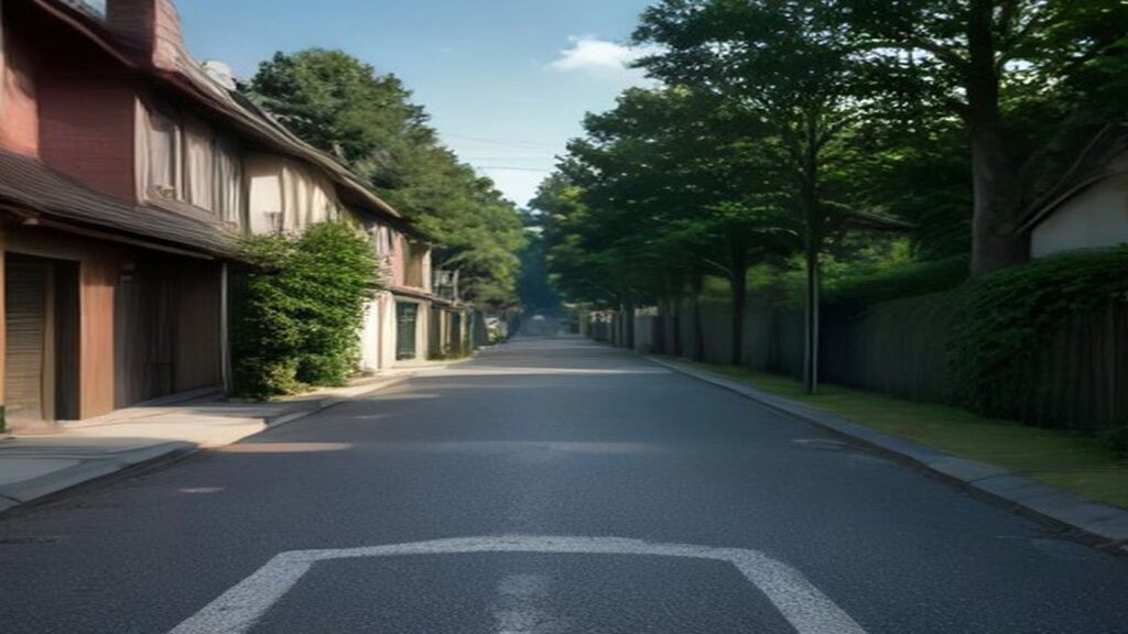 Calle residencial tranquila con árboles altos, casas a los lados y señalamientos blancos pintados sobre el asfalto