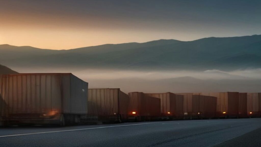 Fila de remolques de carga estacionados junto a una carretera al amanecer, con montañas cubiertas de bruma al fondo