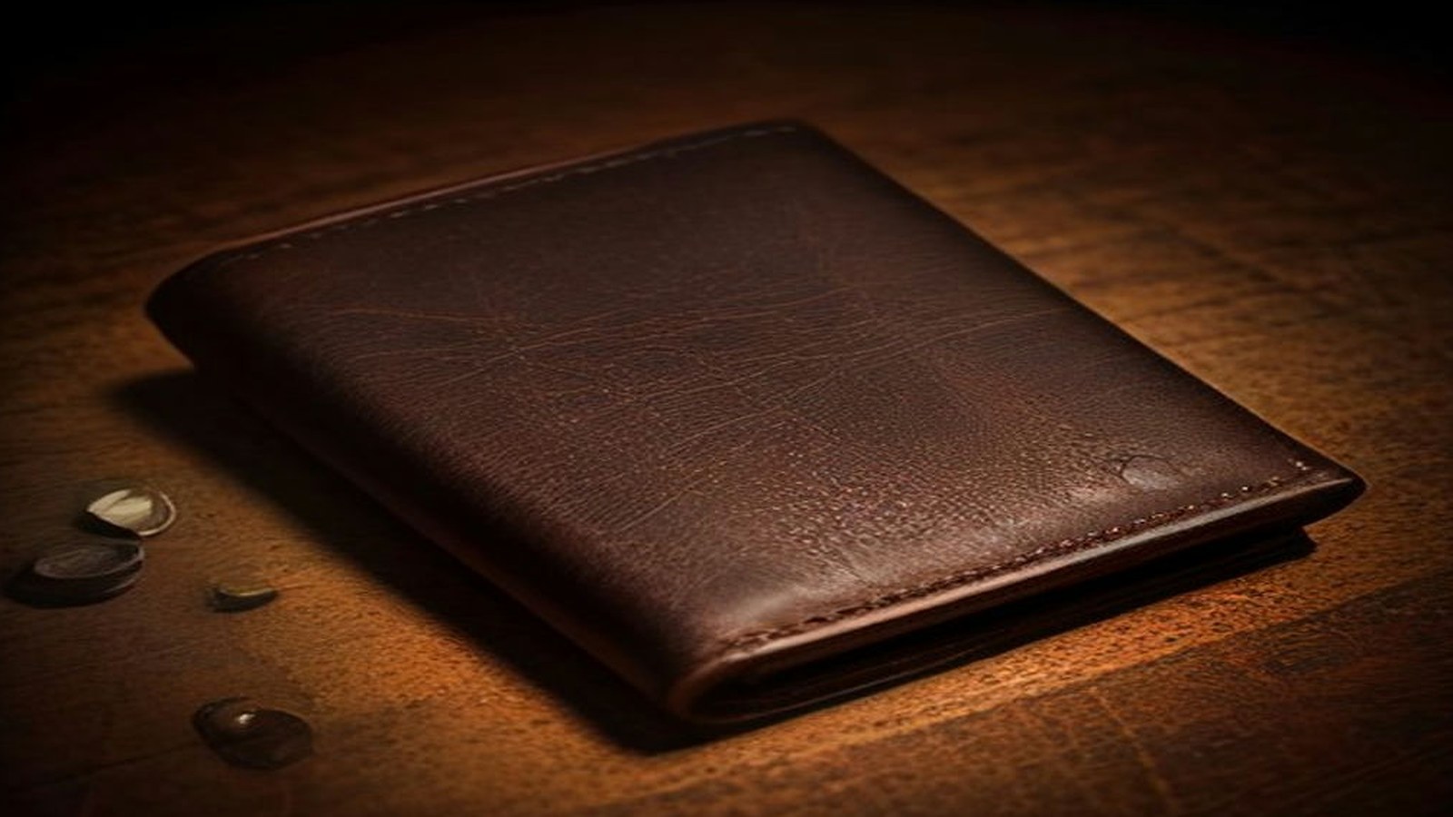 Cartera de piel café cerrada sobre una mesa de madera oscura con algunas monedas dispersas a un lado, con luz lateral