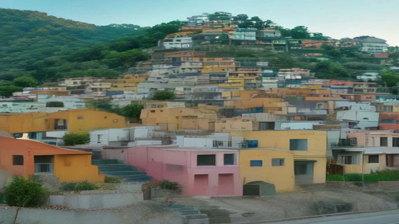 Ladera con casas de colores amarillas, rosas y blancas en un pueblo de México, rodeada de vegetación bajo un cielo claro
