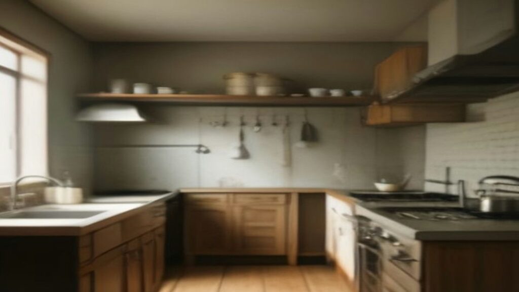 Cocina de una casa con estufa, repisas con trastes y ventana con luz natural