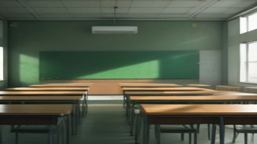 Salón de clases vacío con pupitres de madera en filas y un pizarrón verde iluminado por la luz de las ventanas