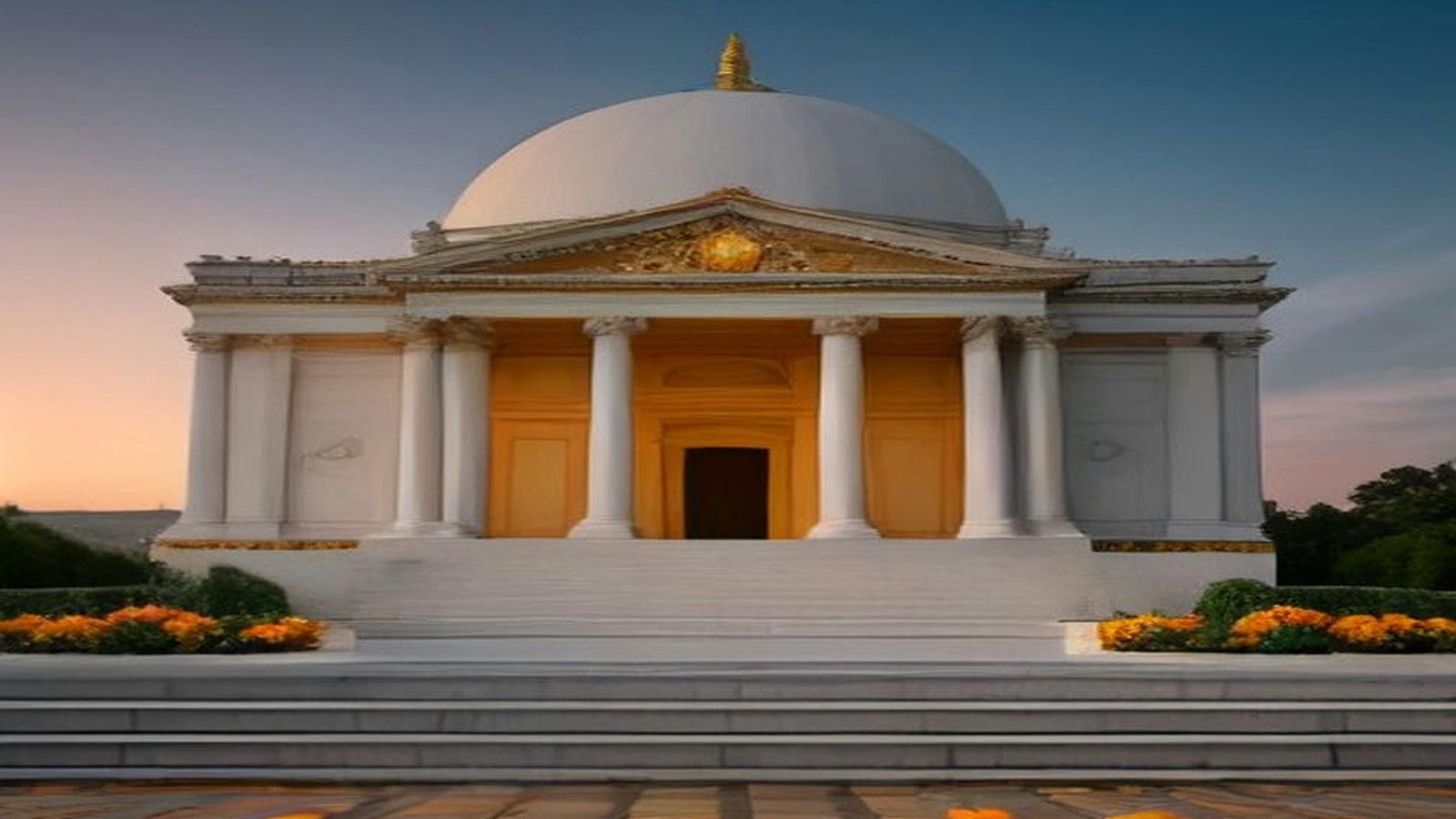 Edificio neoclásico de mármol blanco con columnas y cúpula clara al atardecer, con flores de cempasúchil junto a la escalinata