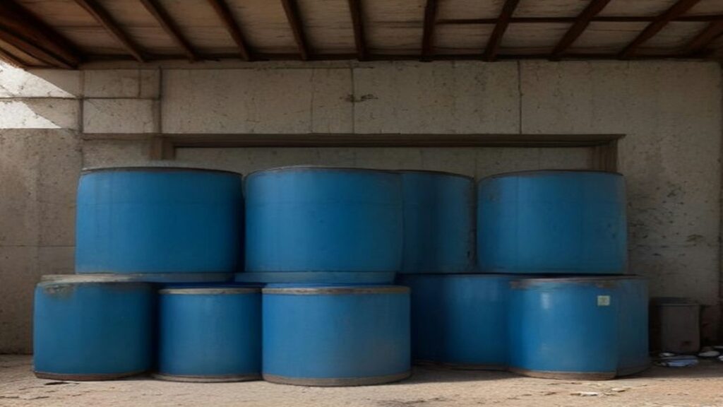 Bidones de plástico azul apilados bajo un cobertizo de concreto en una zona rural seca a plena luz del día