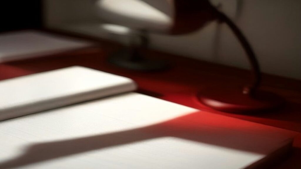 Hojas en blanco sobre un escritorio de superficie roja junto a una lámpara de escritorio, en penumbra