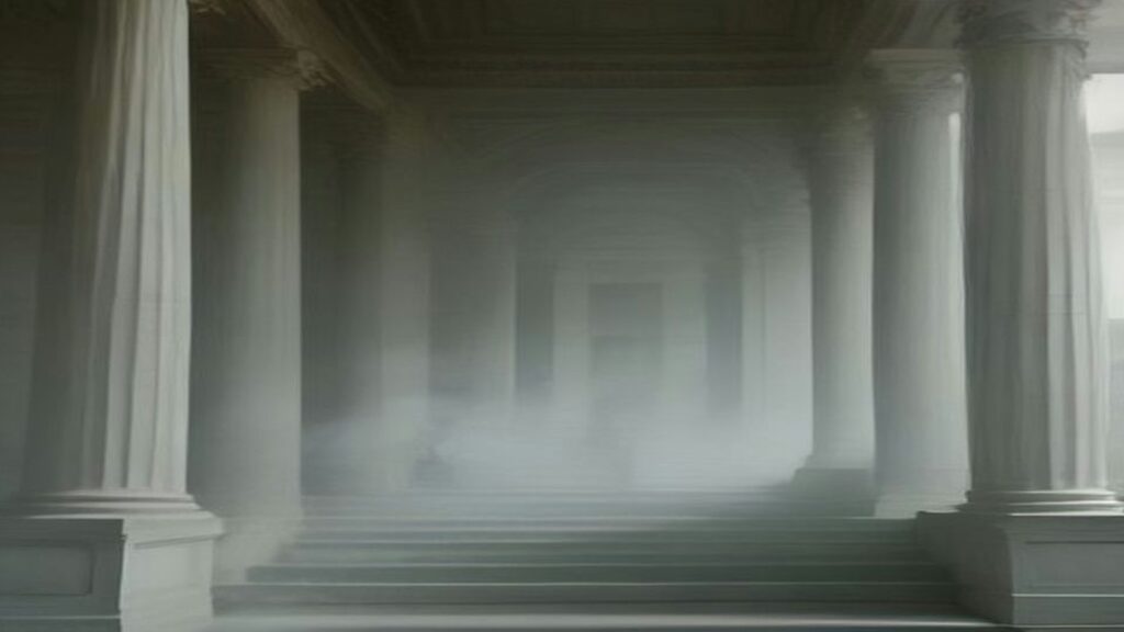Escalinata de piedra entre columnas neoclásicas cubiertas de niebla