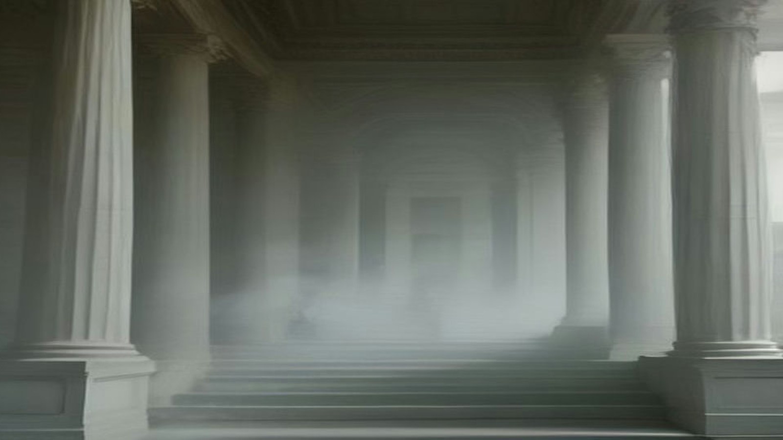 Escalinata de piedra entre columnas neoclásicas cubiertas de niebla