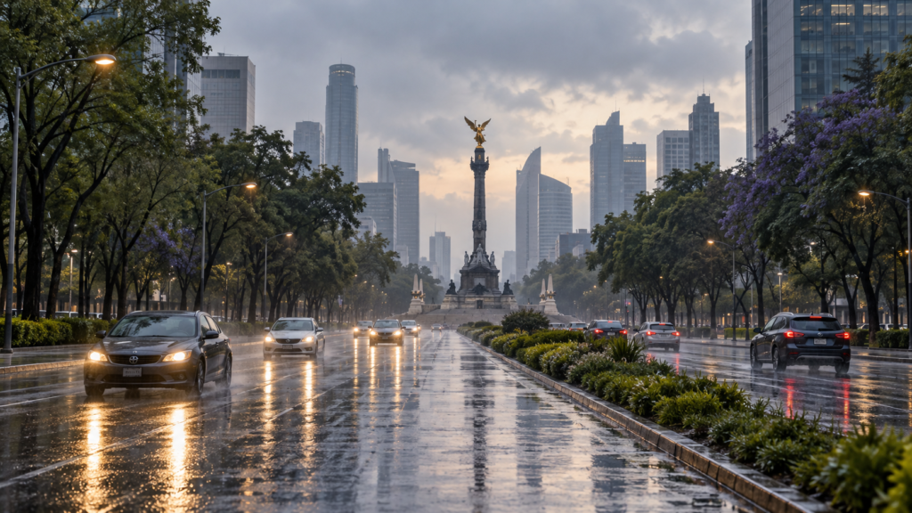 Ilustración editorial de autos en Paseo de la Reforma, Ciudad de México, bajo lluvia ligera al amanecer.