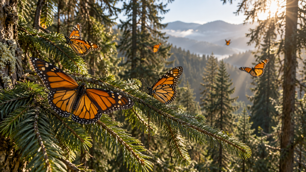 Ilustración generada con IA de mariposas monarca sobre ramas de oyamel en un bosque de montaña.