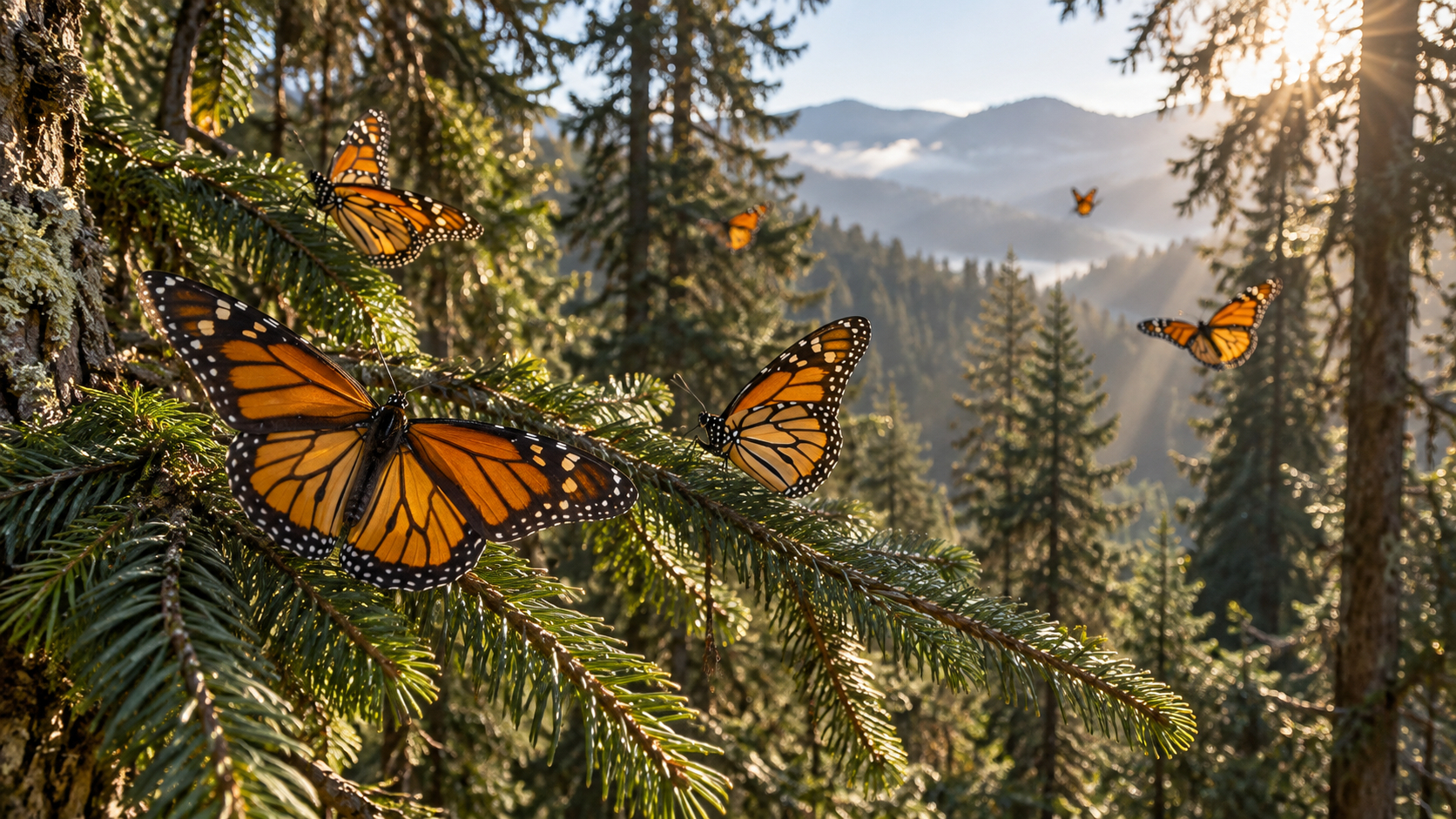 Ilustración generada con IA de mariposas monarca sobre ramas de oyamel en un bosque de montaña.