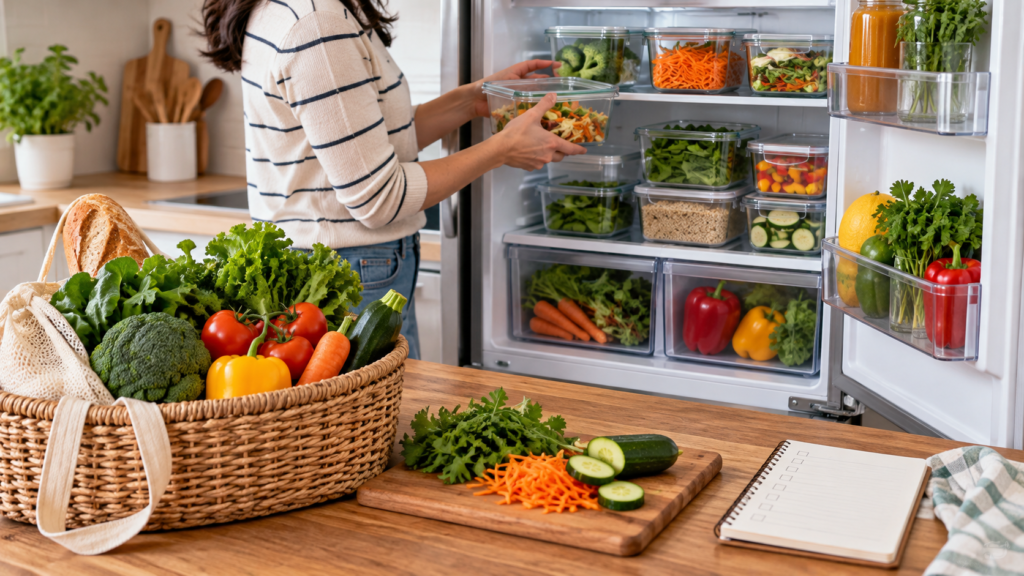 Lista de compras y alimentos organizados en una cocina para planear el gasto y reducir desperdicios.