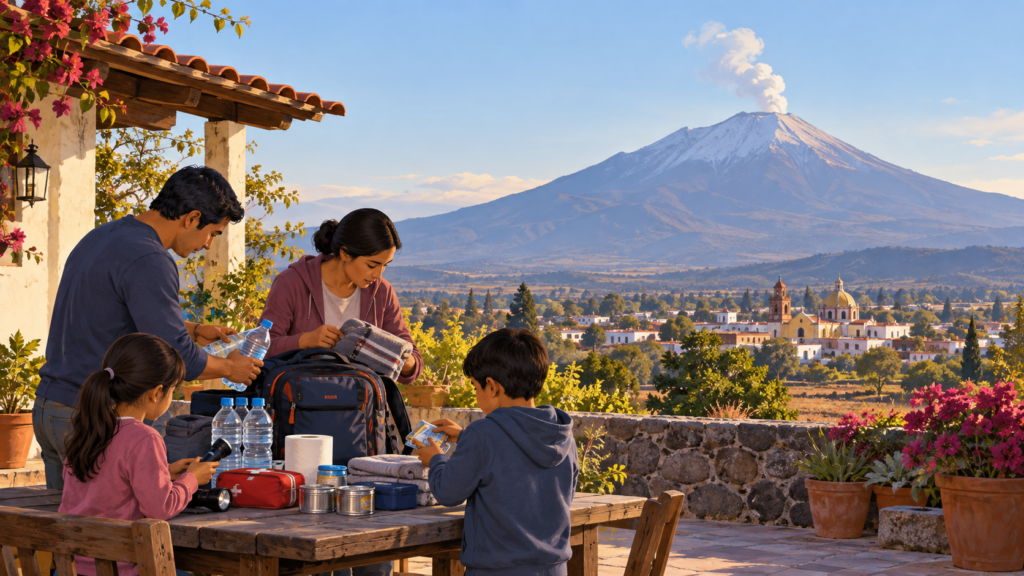 Ilustración generada con IA de una familia preparando una mochila con el Popocatépetl a lo lejos.