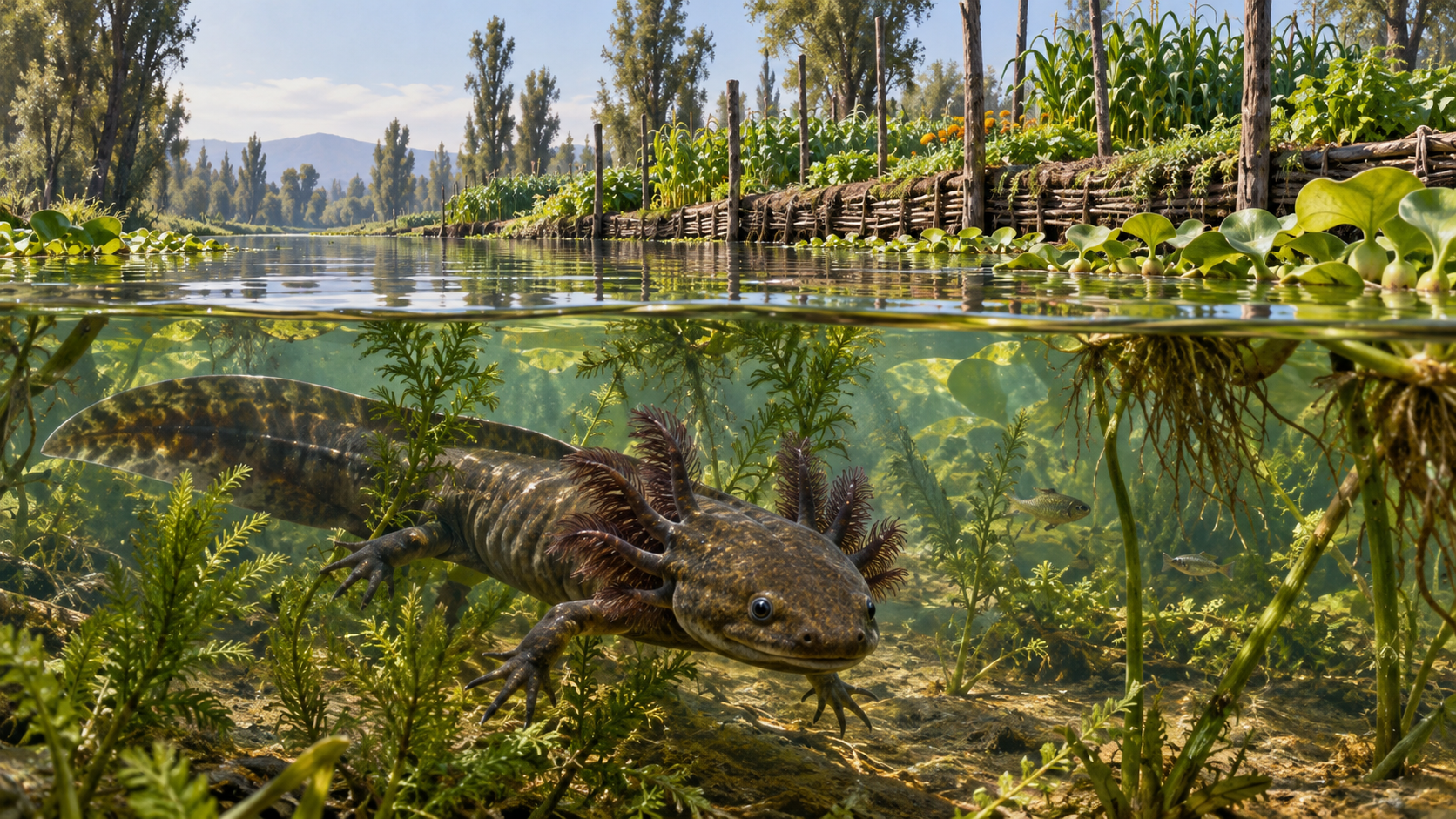 Ilustración generada con IA de un ajolote silvestre pardo en un canal junto a una chinampa.
