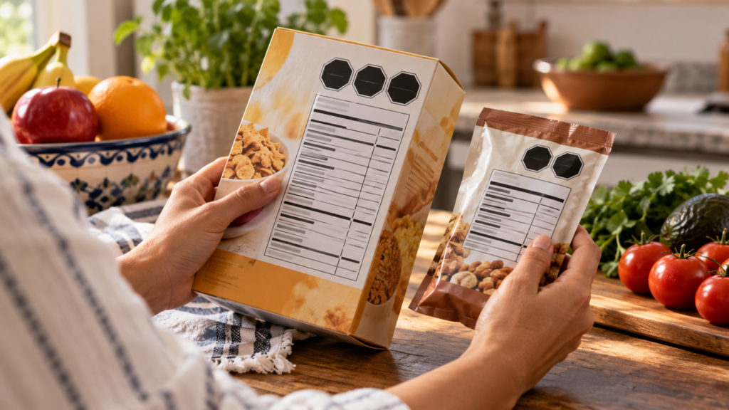 Ilustración generada con IA de una persona comparando empaques genéricos de alimentos.