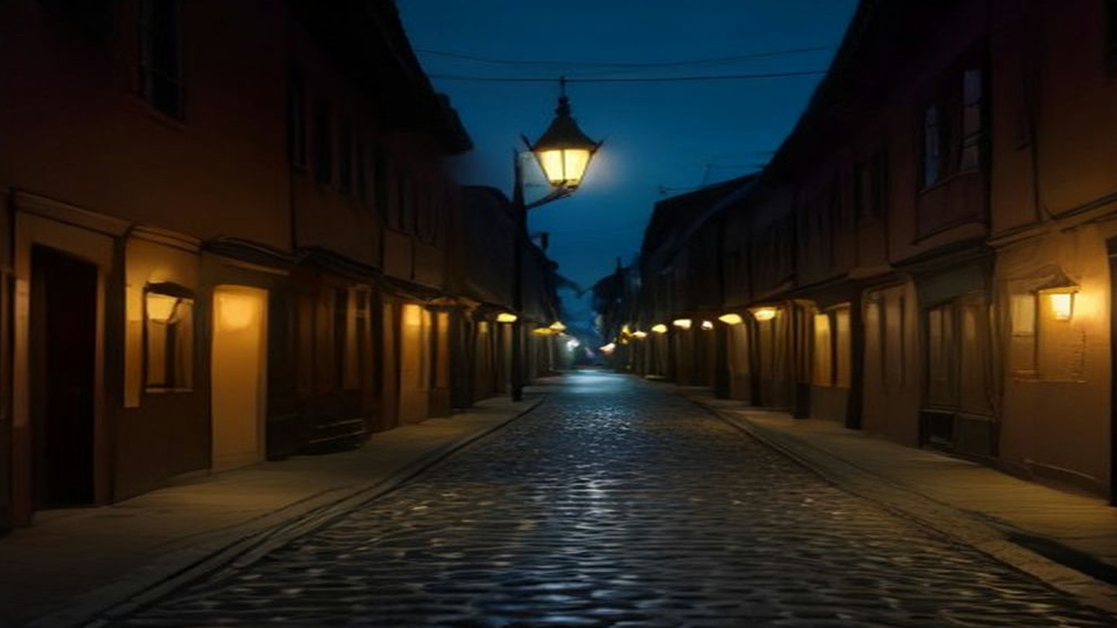 Calle empedrada y vacía de noche entre edificios antiguos, con faroles encendidos y cielo azul oscuro