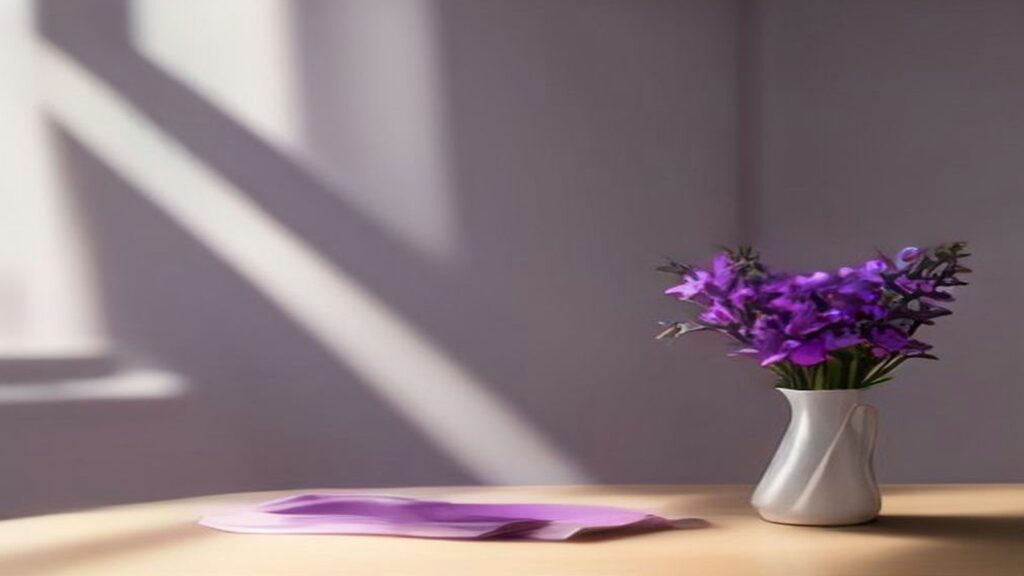 Florero blanco con flores moradas sobre una mesa de madera junto a una tela morada doblada, con sombras de luz natural en la pared