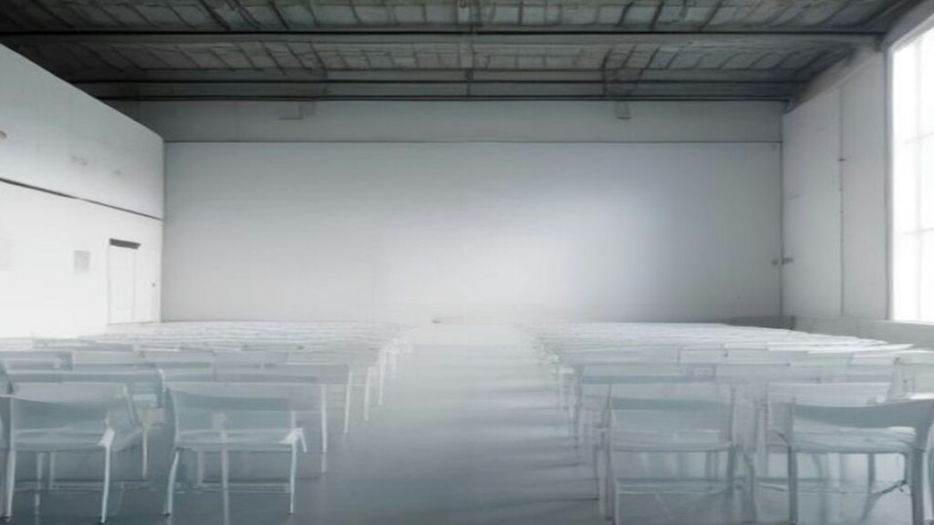Salón amplio y vacío con filas de sillas blancas y techo de estructura metálica, iluminado por luz de día