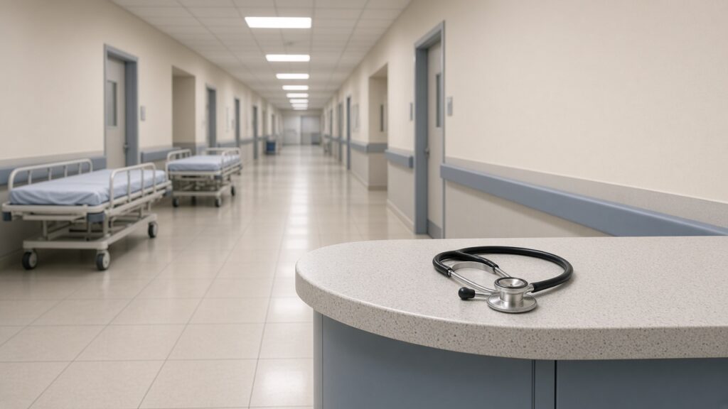 Pasillo vacío de un hospital público con camillas y un estetoscopio sobre el mostrador de enfermería, sin personas