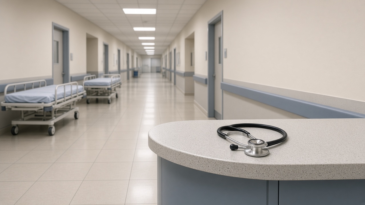 Pasillo vacío de un hospital público con camillas y un estetoscopio sobre el mostrador de enfermería, sin personas