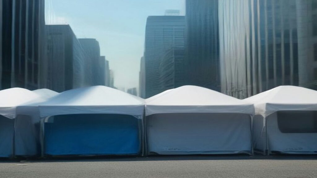 Hilera de carpas blancas con lonas azules instaladas sobre una avenida entre edificios altos