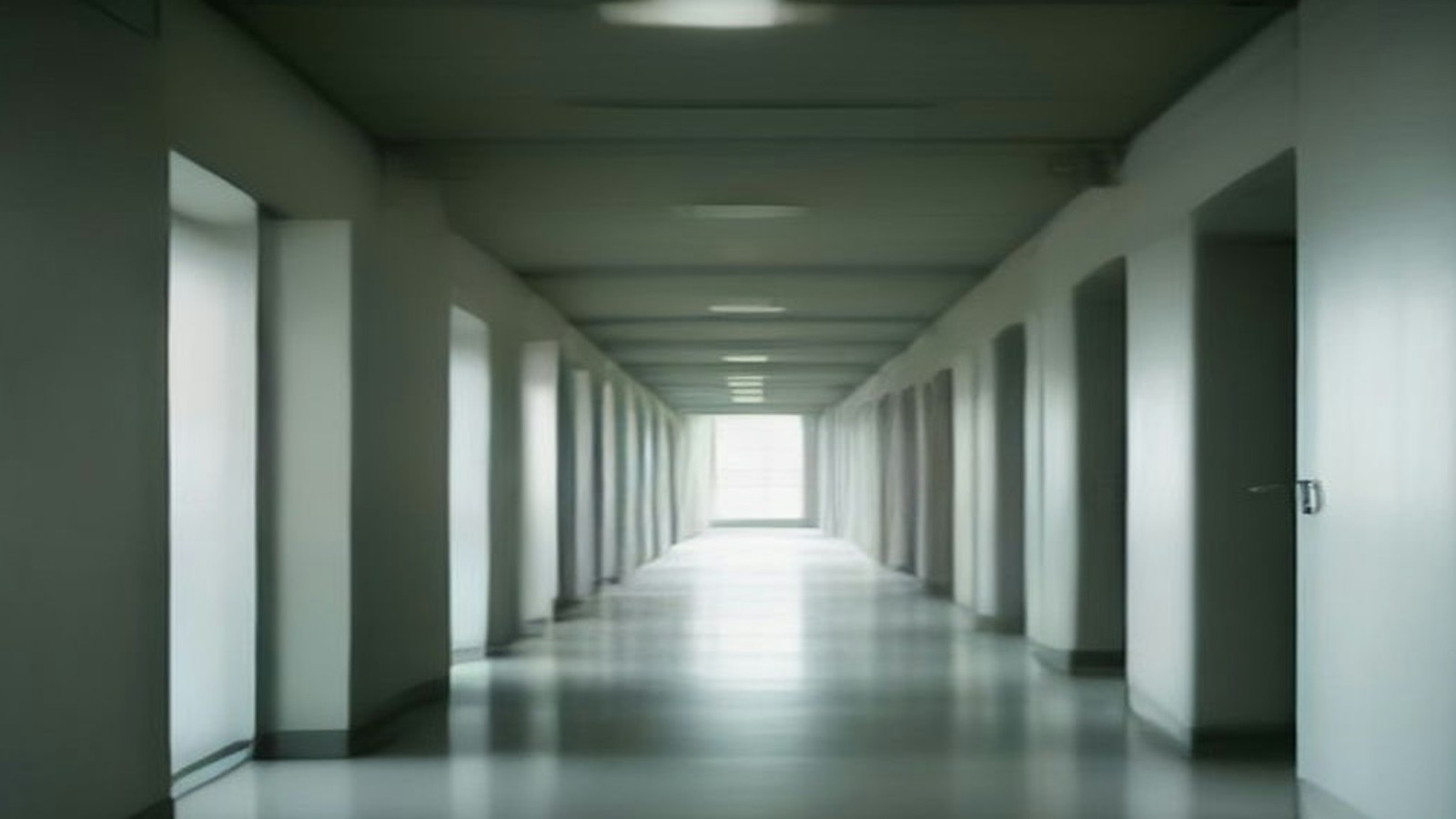 Pasillo largo y vacío de un edificio con paredes blancas, puertas a los lados y luz natural que entra por el fondo
