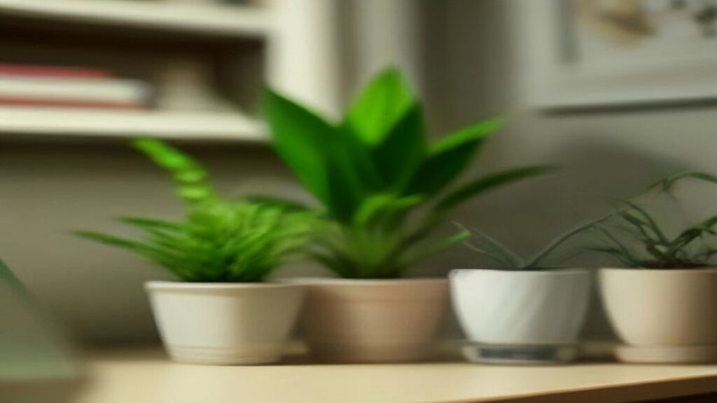 Macetas blancas con plantas verdes alineadas sobre una repisa en un espacio interior con luz suave