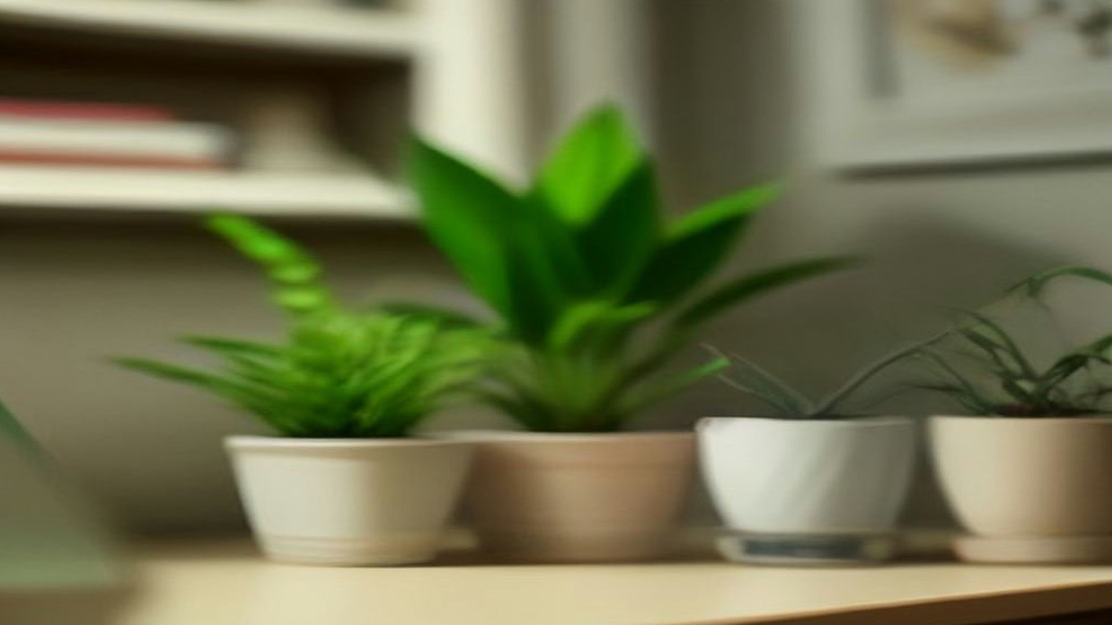 Macetas blancas con plantas verdes alineadas sobre una repisa en un espacio interior con luz suave