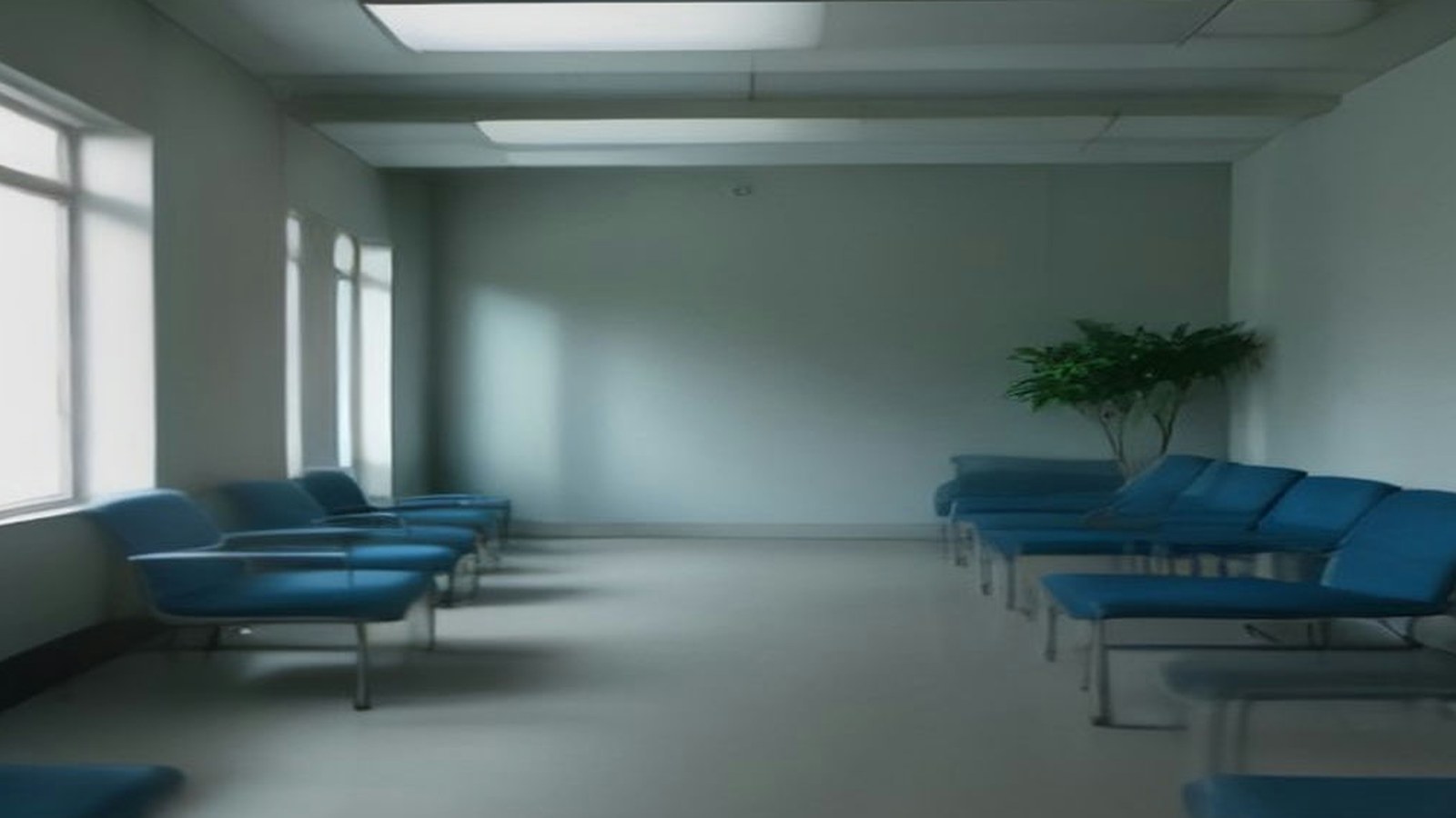 Sala de espera vacía de paredes blancas con bancas azules y una planta en maceta, iluminada con luz natural