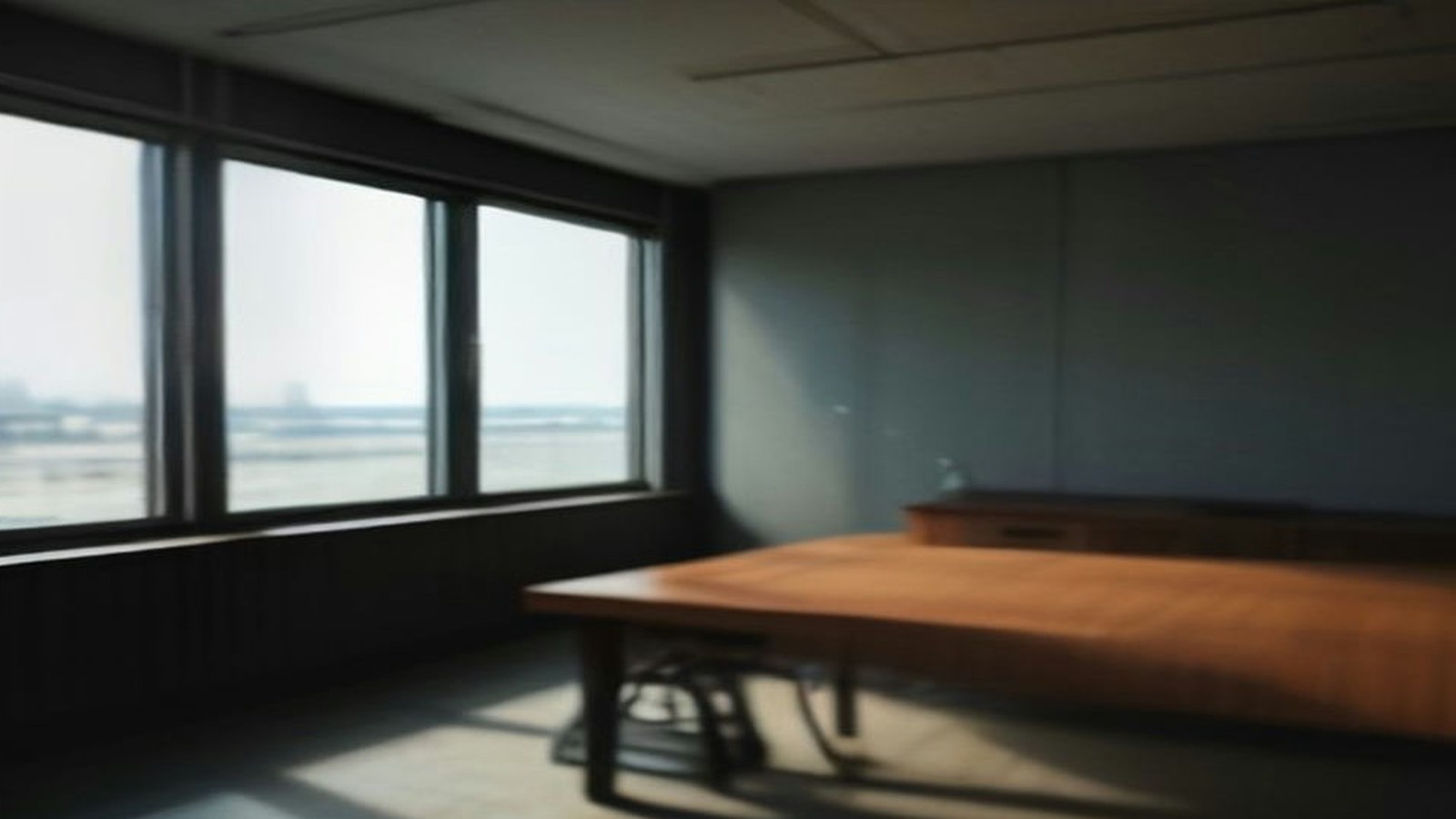 Sala vacía con una mesa de madera larga y ventanales con luz de día