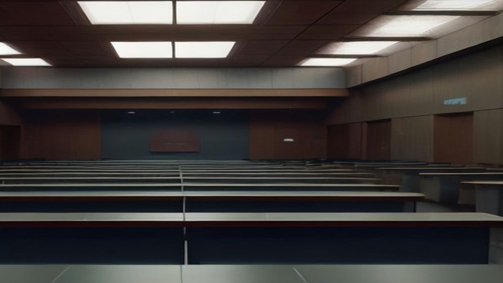 Salón legislativo moderno y vacío con hileras de escaños grises y paneles de luz en el techo