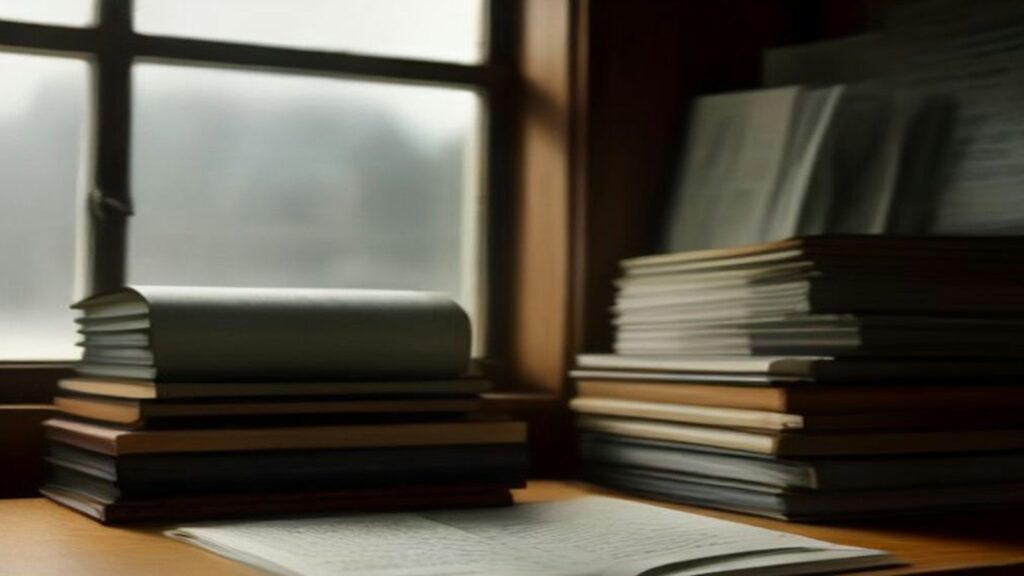 Pilas de libros y cuadernos sobre un escritorio de madera junto a una ventana empañada con luz suave