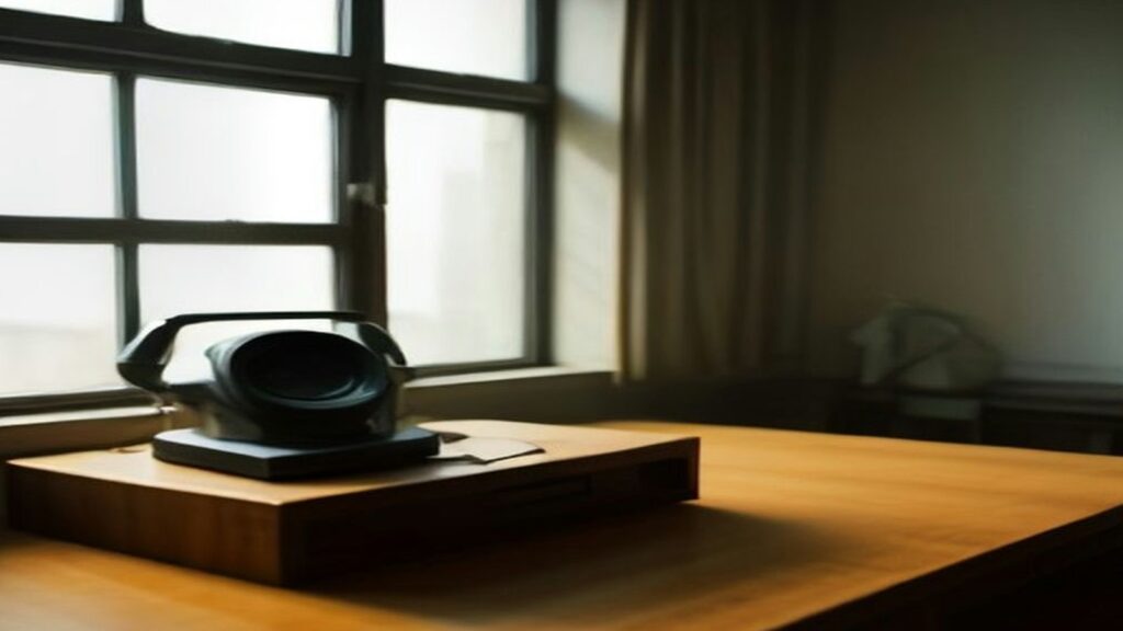 Teléfono de escritorio antiguo sobre una mesa de madera junto a una ventana amplia en una oficina vacía con luz suave de la mañana