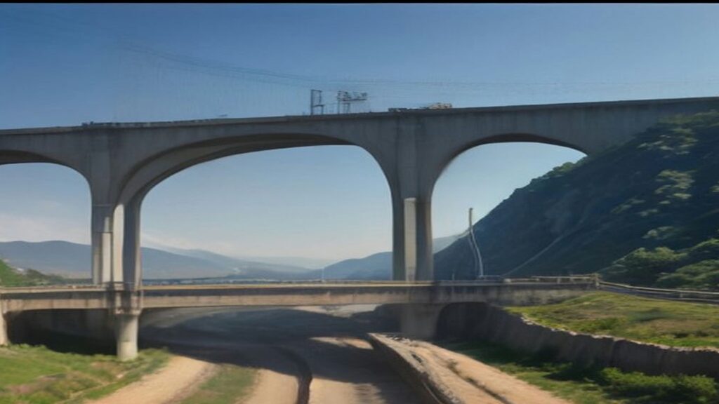 Viaducto ferroviario de concreto en construcción que cruza un camino de terracería entre cerros verdes bajo un cielo despejado